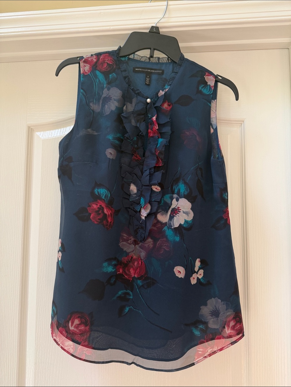 White House Black Market Navy Floral Ruffle Sleeveless Blouse